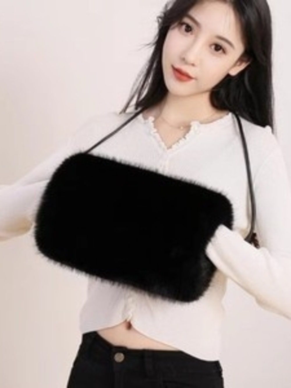 Black Faux Fur Shoulder Bag - Stylish Women's Handbag. #162..